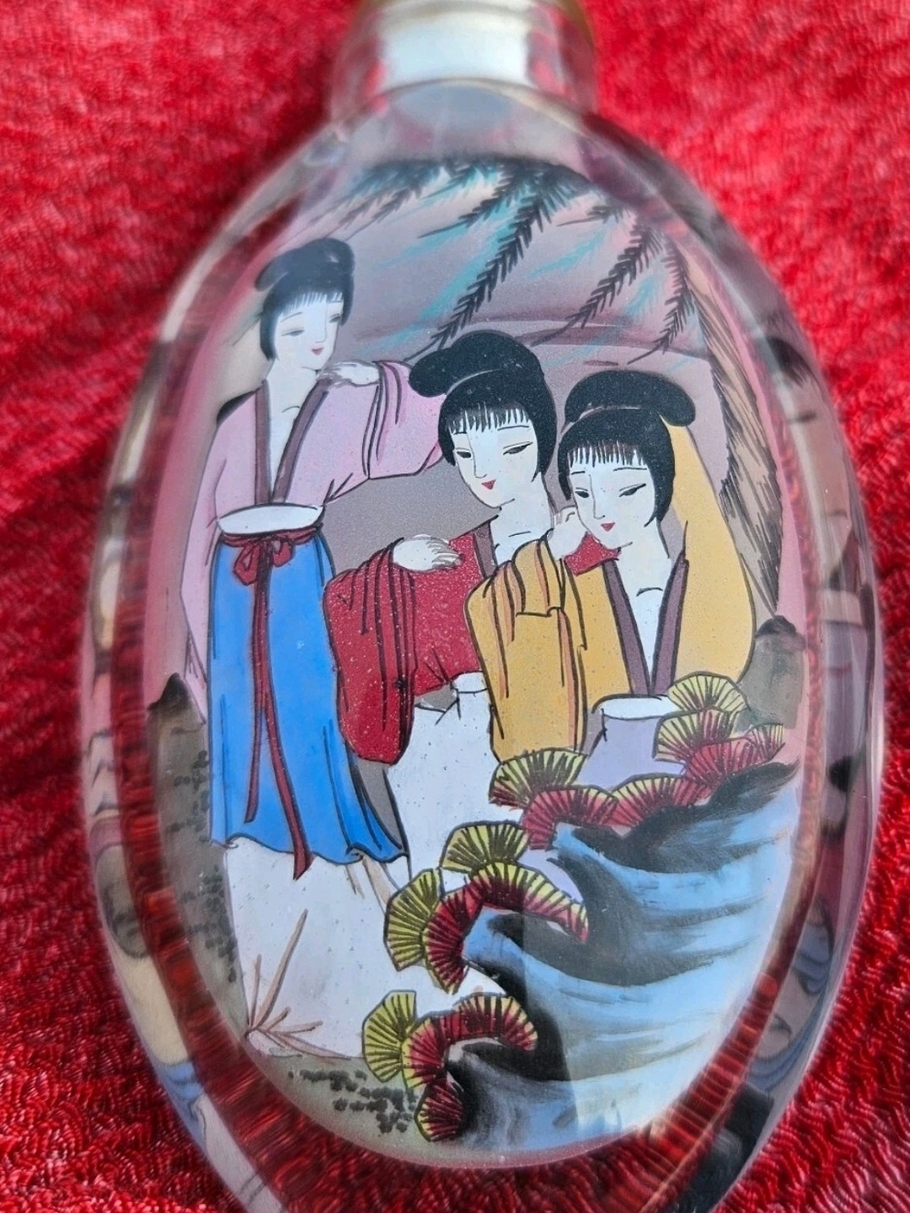 Vintage Hand-Painted Glass Panel - Red, Blue, Yellow, Pink